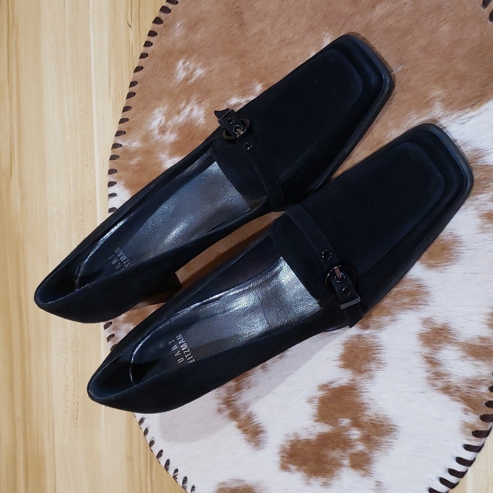 Stuart Weitzman Black Suede Leather Square Toe Loafer Heels